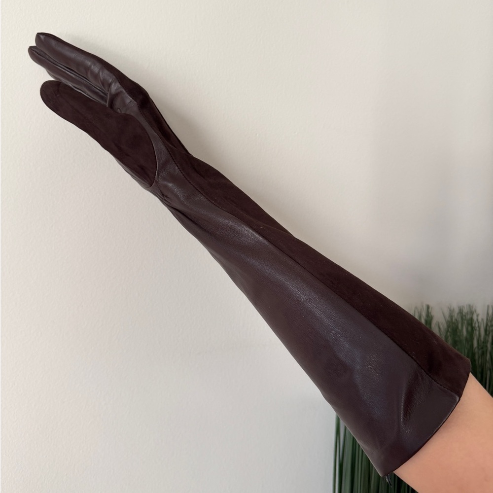 NWT Long Leather & Suede Opera Gloves Brown Premium 6.5 - Picture 8 of 10